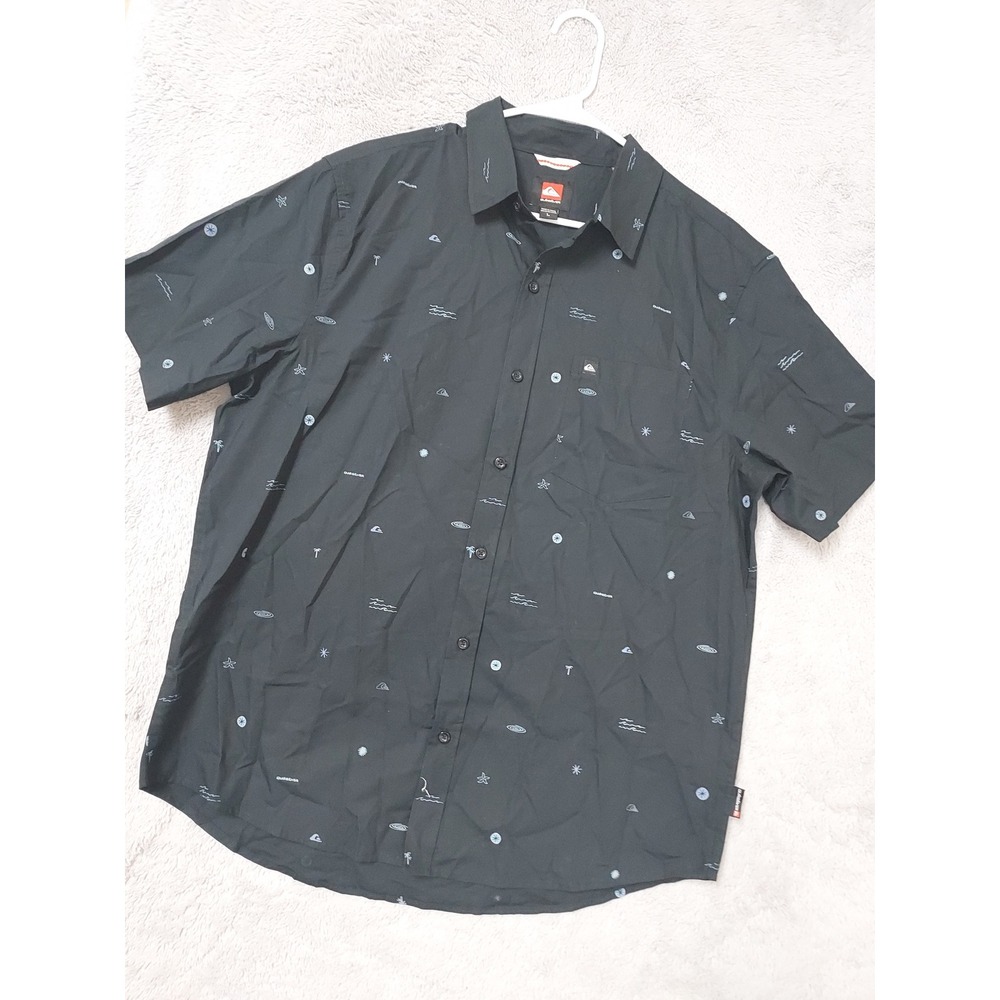 Quiksilver Shirt Mens Large Short Sleeve Button Up Surf Print Black Blue Beach